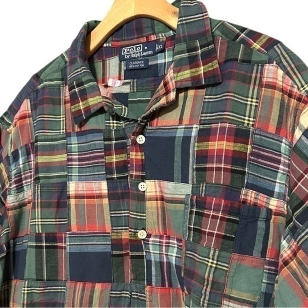 Polo Ralph Lauren Vintage Men’s Size XL Green Patchwork Plaid Henley Shirt - Picture 2 of 6